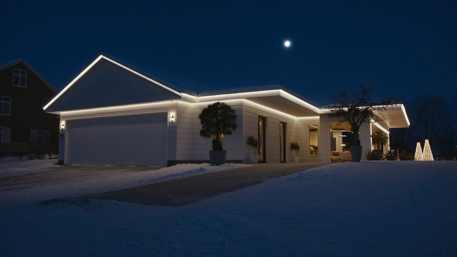 Maison avec éclairage architectural permanent allumé la nuit